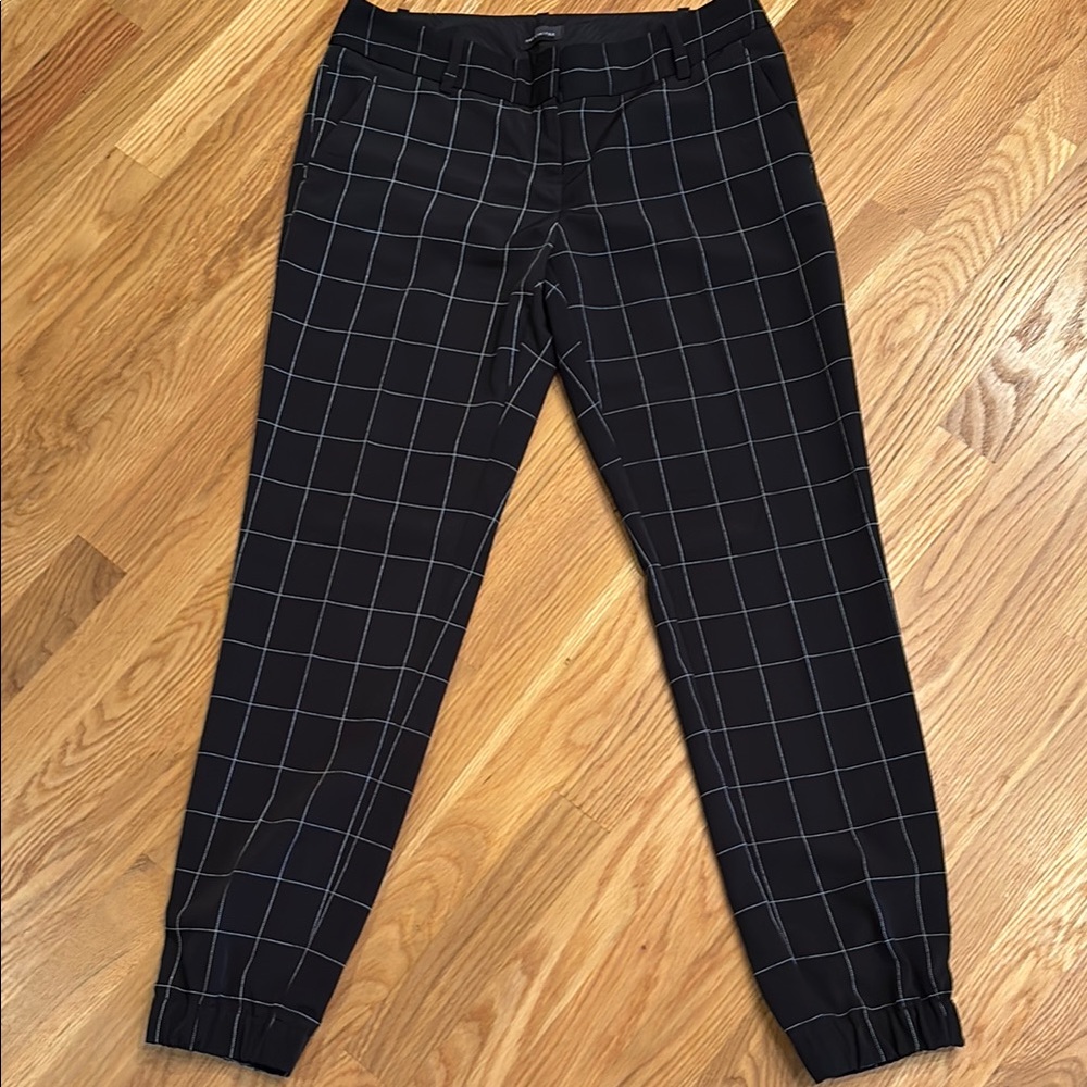 Black Dress Pants with Windowpane Pattern and Elastic Cuffs